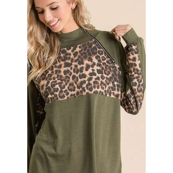 Olive Leopard Raglan Zipper Pullover Top - Picture 6 of 11